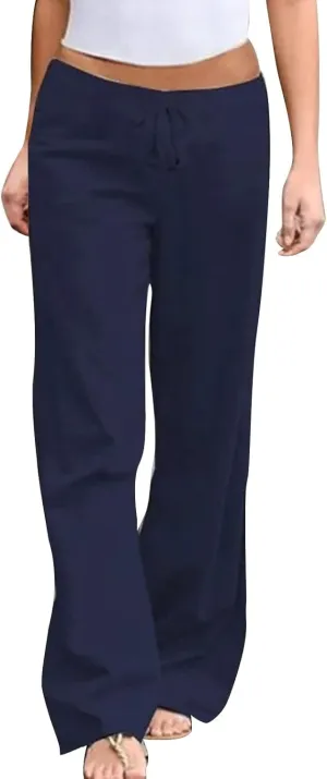 Womens Linen Blend Summer Y2K Fashion Palazzo Lounge Pants Elastic Waist Stretchy Slim Fit Trouser Business Work