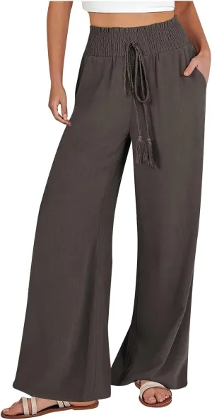 Women's Linen Loose Wide Leg Pants Elastic High Waist Straight Pants Solid Color Lightweight Trousers with Pockets