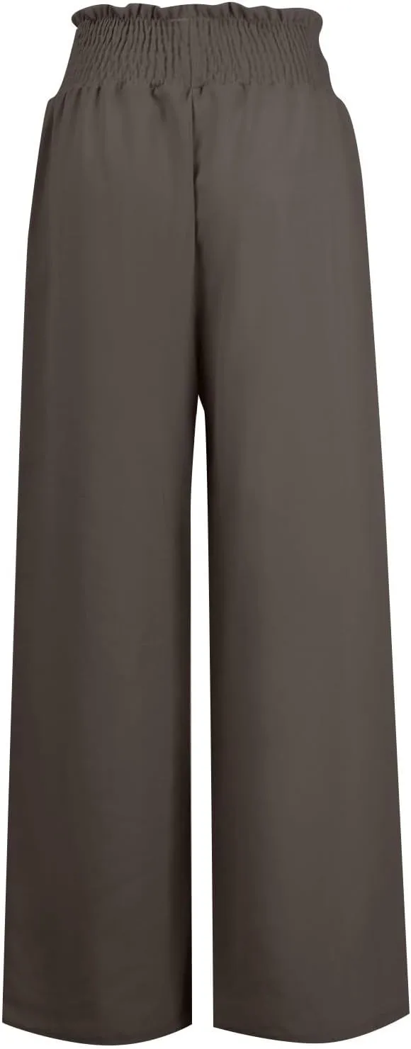 Women's Linen Loose Wide Leg Pants Elastic High Waist Straight Pants Solid Color Lightweight Trousers with Pockets