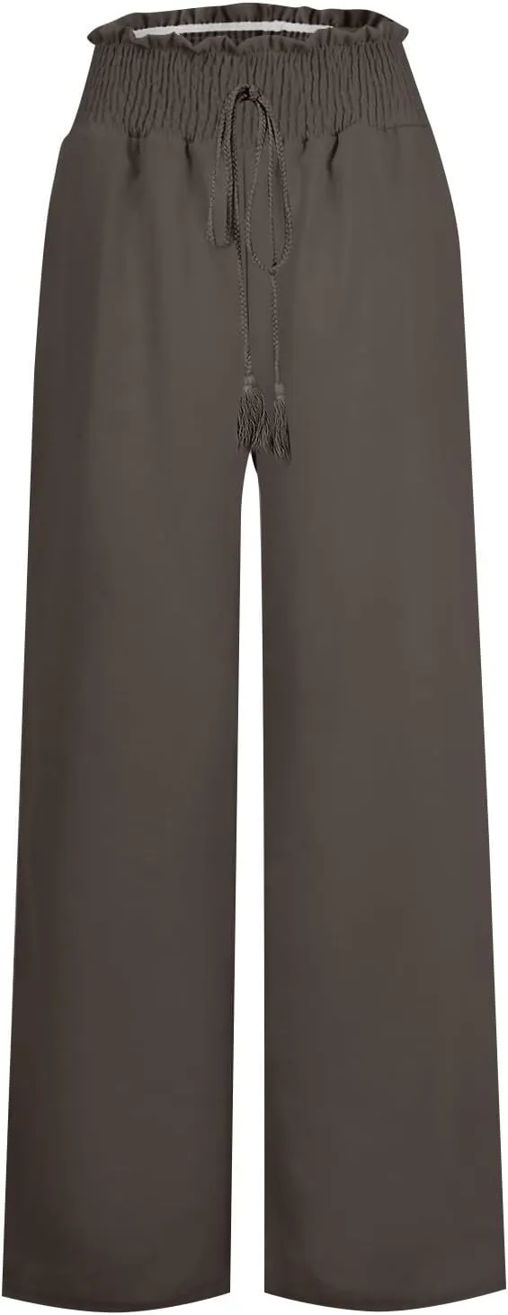 Women's Linen Loose Wide Leg Pants Elastic High Waist Straight Pants Solid Color Lightweight Trousers with Pockets