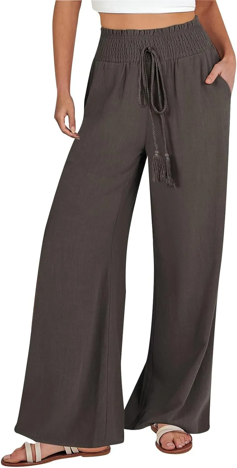 Women's Linen Loose Wide Leg Pants Elastic High Waist Straight Pants Solid Color Lightweight Trousers with Pockets
