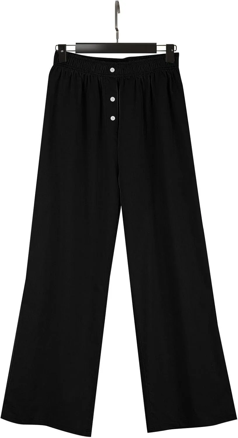 Womens Linen Palazzo Pants Summer Casual Elastic High Waisted Wide Leg Lounge Trousers Beach Flowy Pants with Pockets