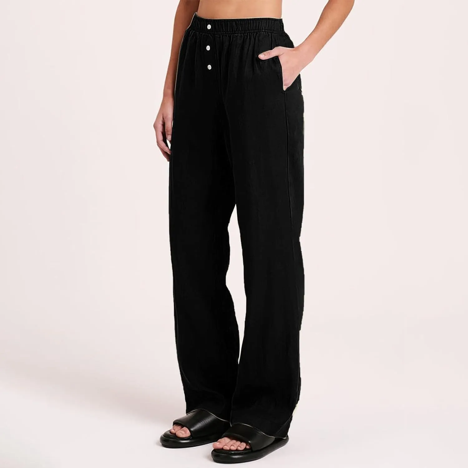 Womens Linen Palazzo Pants Summer Casual Elastic High Waisted Wide Leg Lounge Trousers Beach Flowy Pants with Pockets