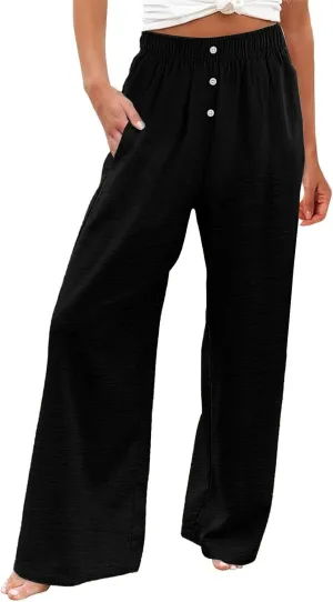Womens Linen Palazzo Pants Summer Casual Elastic High Waisted Wide Leg Lounge Trousers Beach Flowy Pants with Pockets