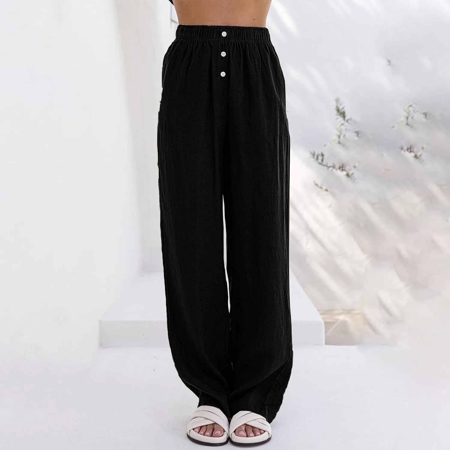 Womens Linen Palazzo Pants Summer Casual Elastic High Waisted Wide Leg Lounge Trousers Beach Flowy Pants with Pockets