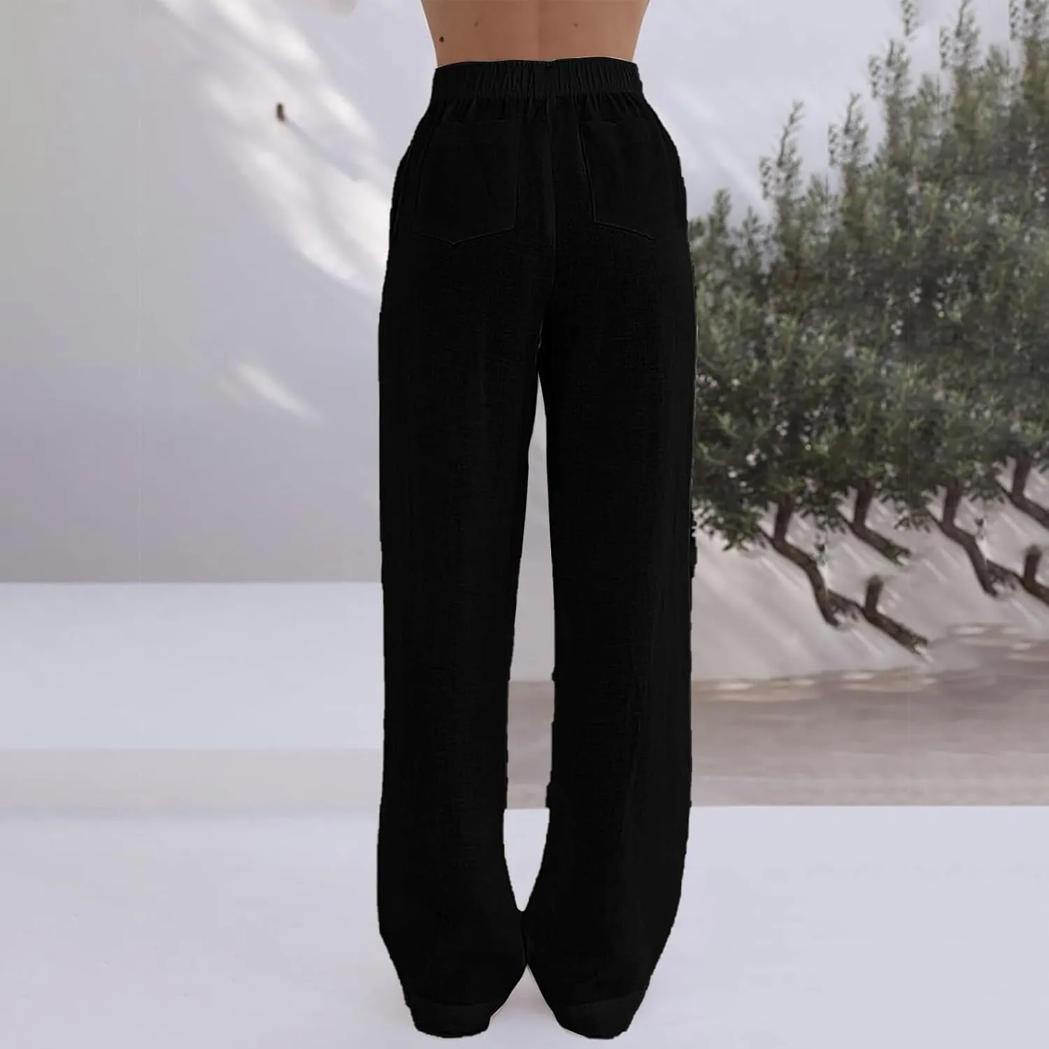 Womens Linen Palazzo Pants Summer Casual Elastic High Waisted Wide Leg Lounge Trousers Beach Flowy Pants with Pockets