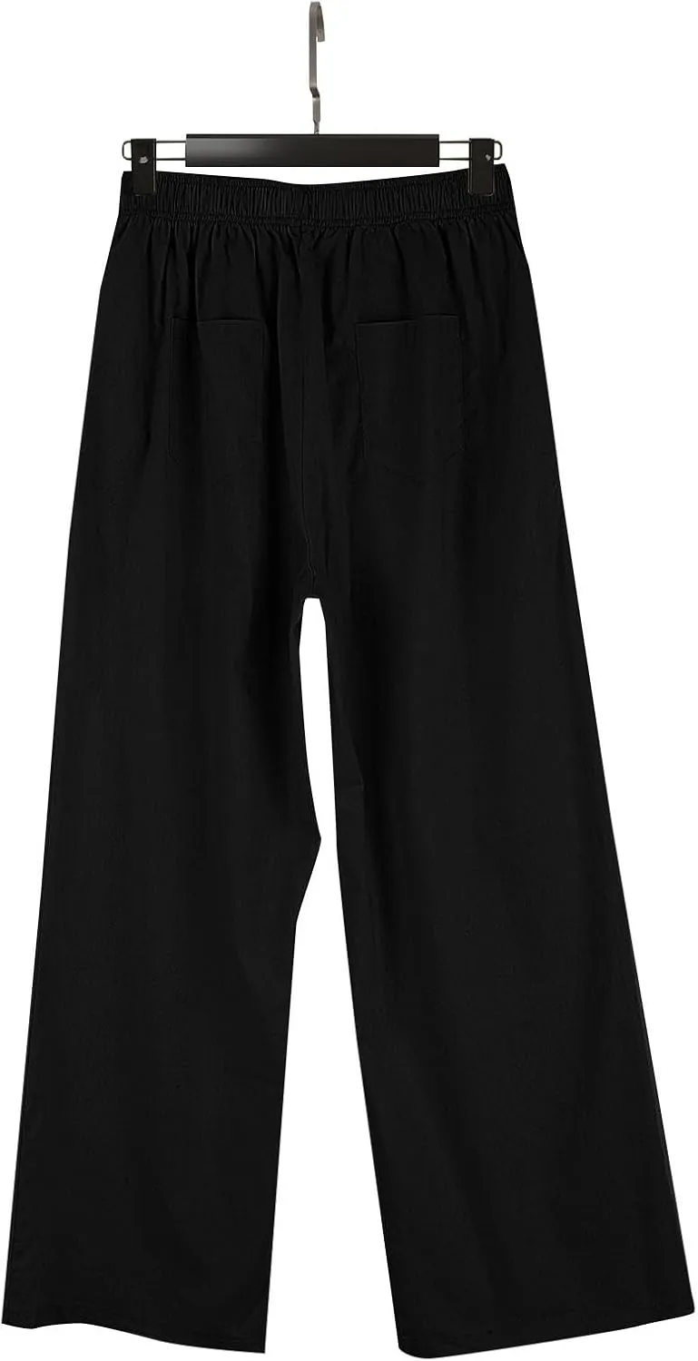 Womens Linen Palazzo Pants Summer Casual Elastic High Waisted Wide Leg Lounge Trousers Beach Flowy Pants with Pockets