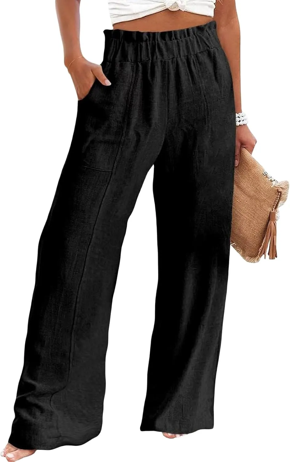 Womens Linen Palazzo Pants Wide Leg Casual Loose High Waist Drawstring Capri Plus Size Trousers Travel Vacation Outfits