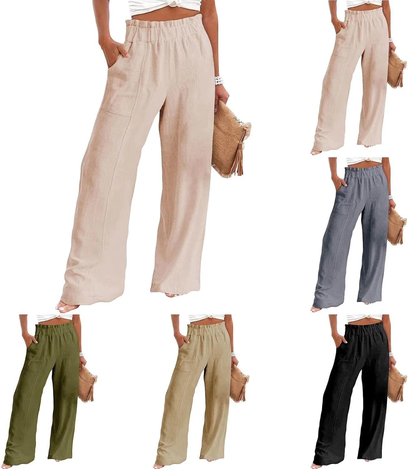 Womens Linen Palazzo Pants Wide Leg Casual Loose High Waist Drawstring Capri Plus Size Trousers Travel Vacation Outfits