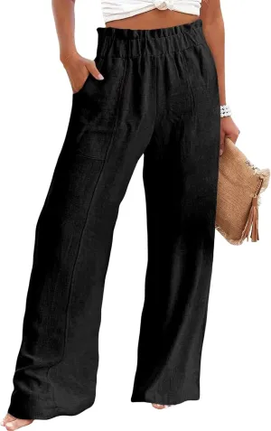Womens Linen Palazzo Pants Wide Leg Casual Loose High Waist Drawstring Capri Plus Size Trousers Travel Vacation Outfits