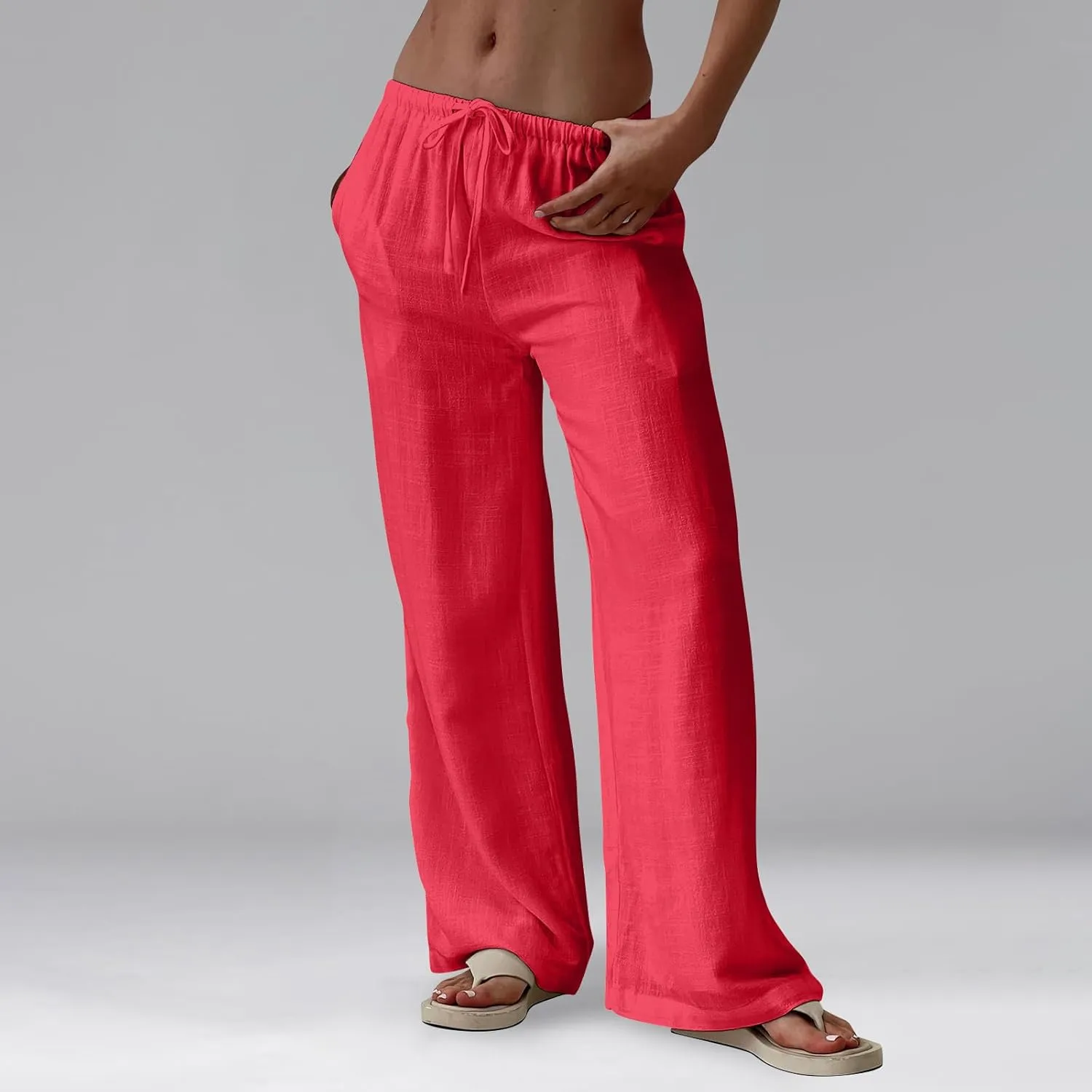 Womens Linen Pants Summer Drawstring Elastic Low Rise Wide Leg Pants Loose Flowy Vacation Trousers with Pockets