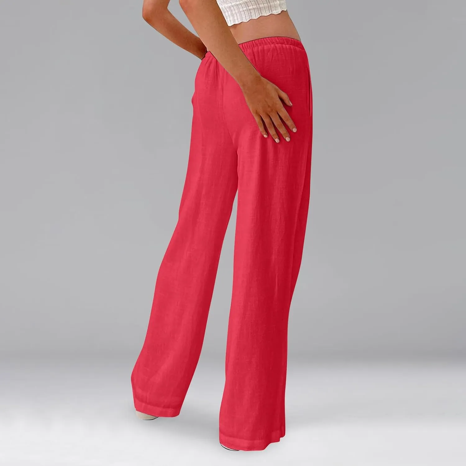 Womens Linen Pants Summer Drawstring Elastic Low Rise Wide Leg Pants Loose Flowy Vacation Trousers with Pockets