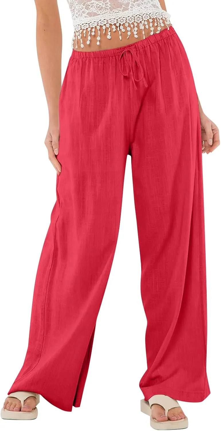 Womens Linen Pants Summer Drawstring Elastic Low Rise Wide Leg Pants Loose Flowy Vacation Trousers with Pockets
