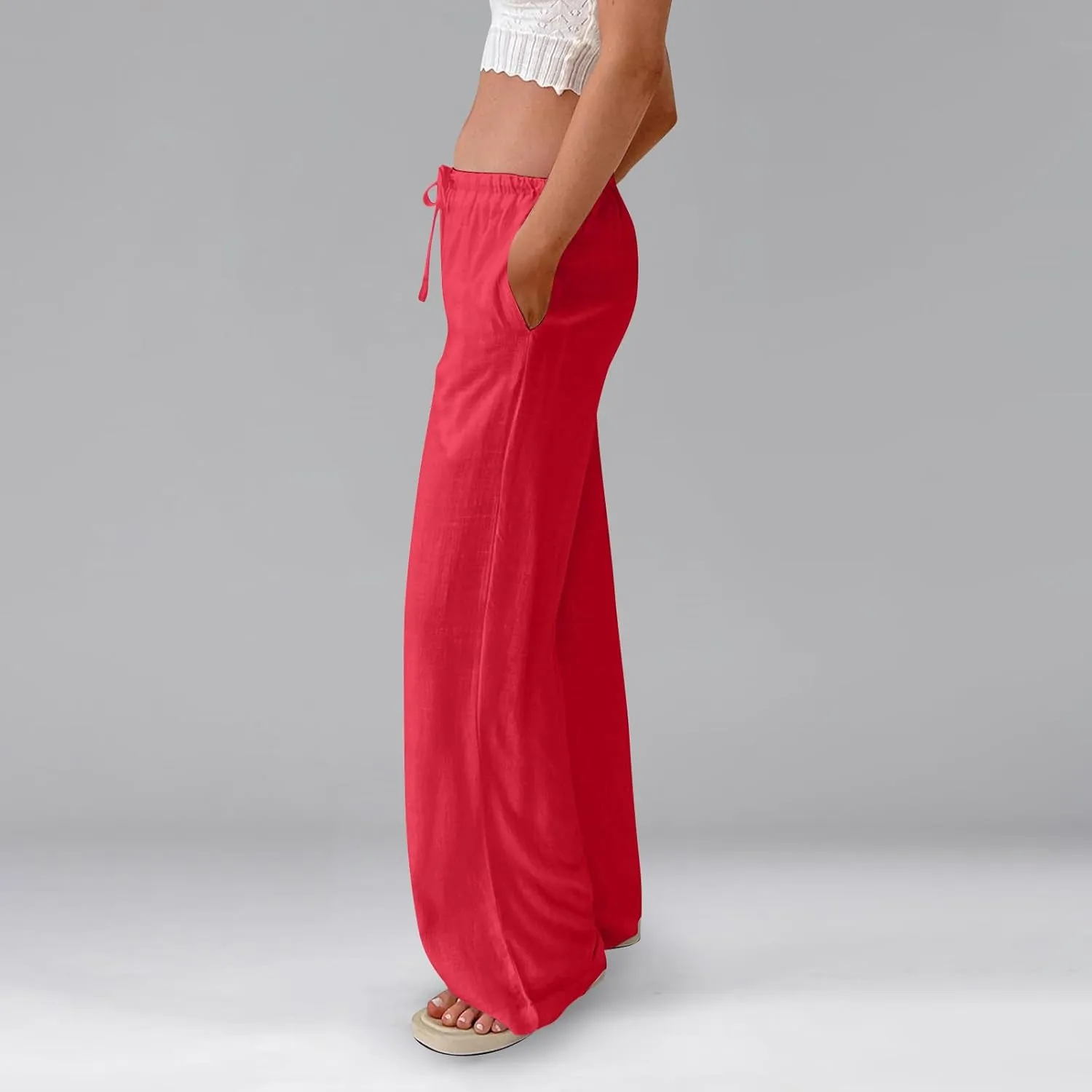 Womens Linen Pants Summer Drawstring Elastic Low Rise Wide Leg Pants Loose Flowy Vacation Trousers with Pockets