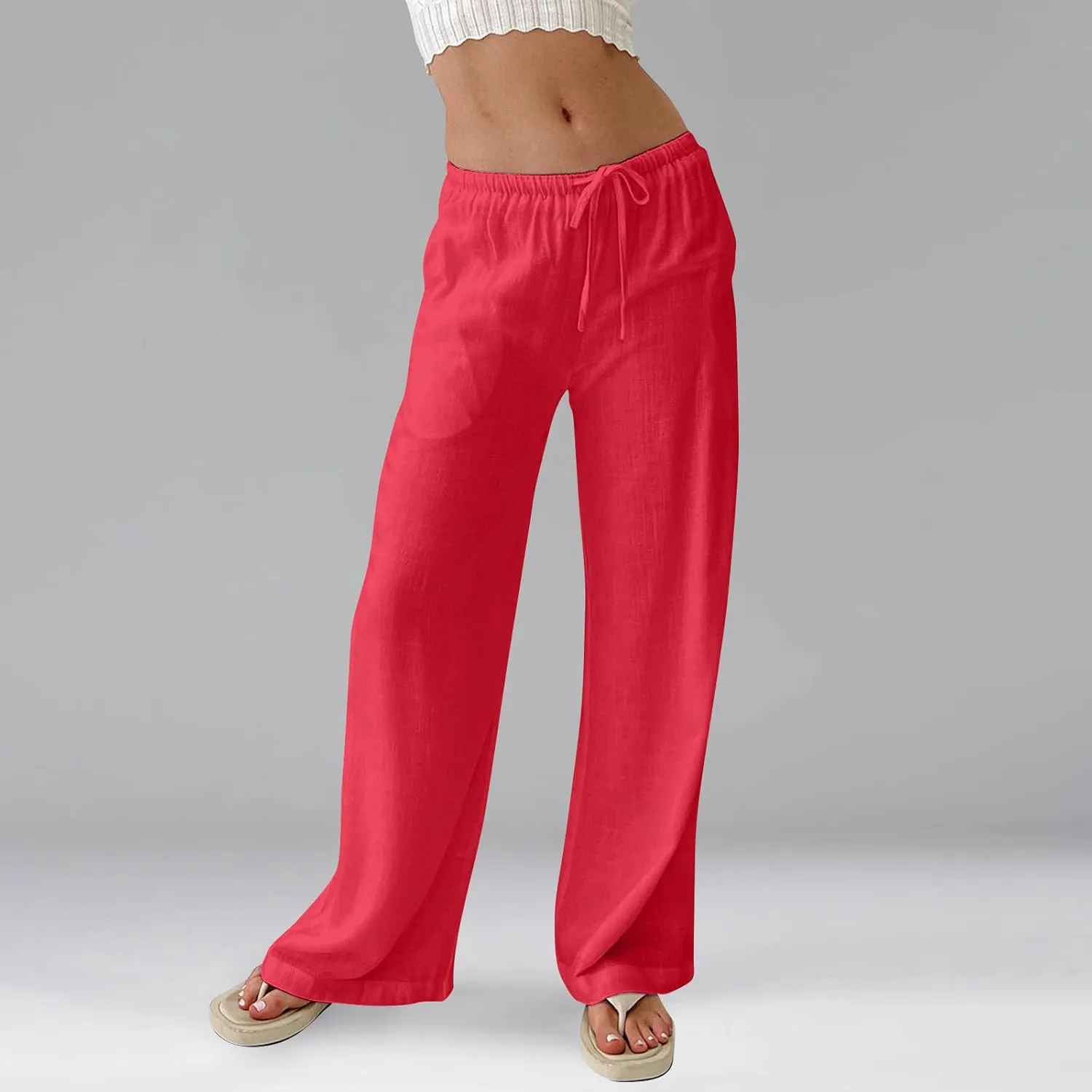 Womens Linen Pants Summer Drawstring Elastic Low Rise Wide Leg Pants Loose Flowy Vacation Trousers with Pockets