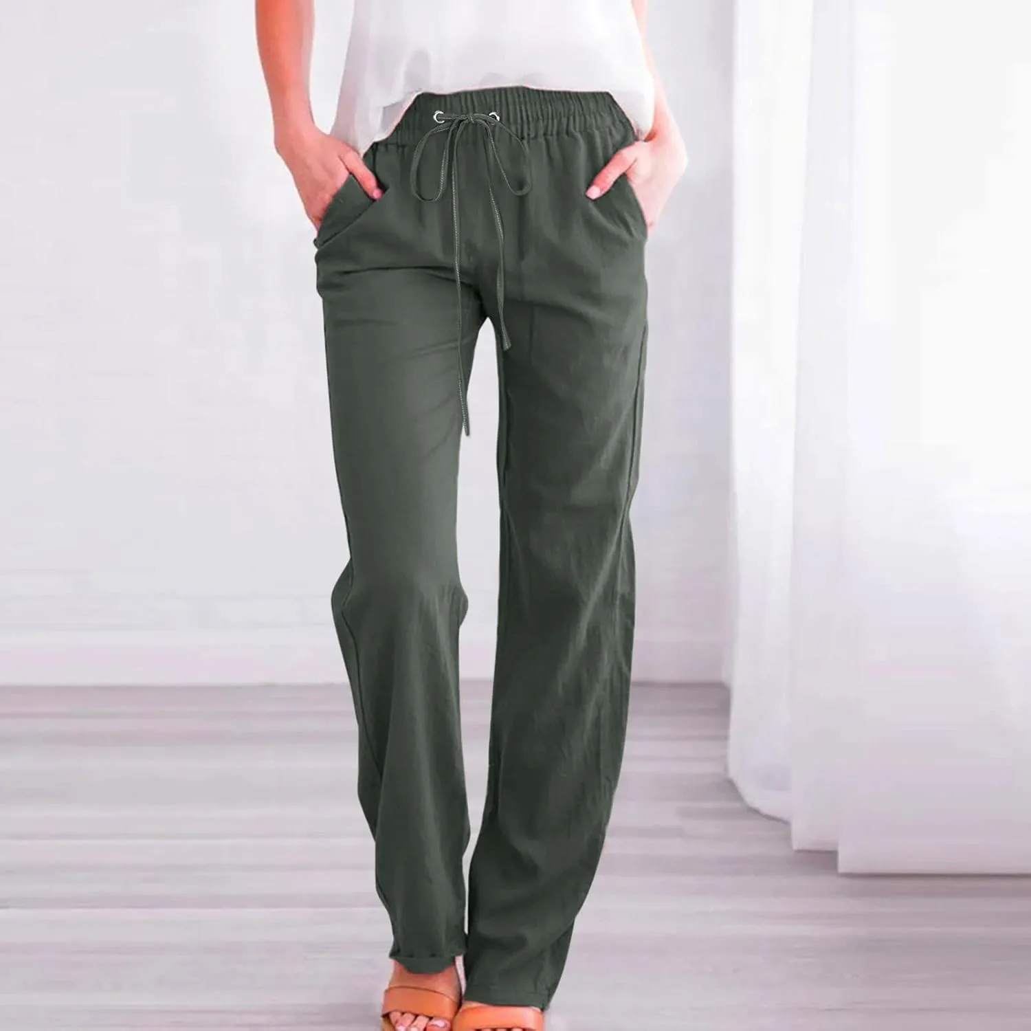 Womens Linen Summer Drawstring Palazzo Pants High Waist Bootcut Loose Fit Pant Trousers Work Business