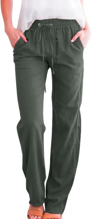 Womens Linen Summer Drawstring Palazzo Pants High Waist Bootcut Loose Fit Pant Trousers Work Business