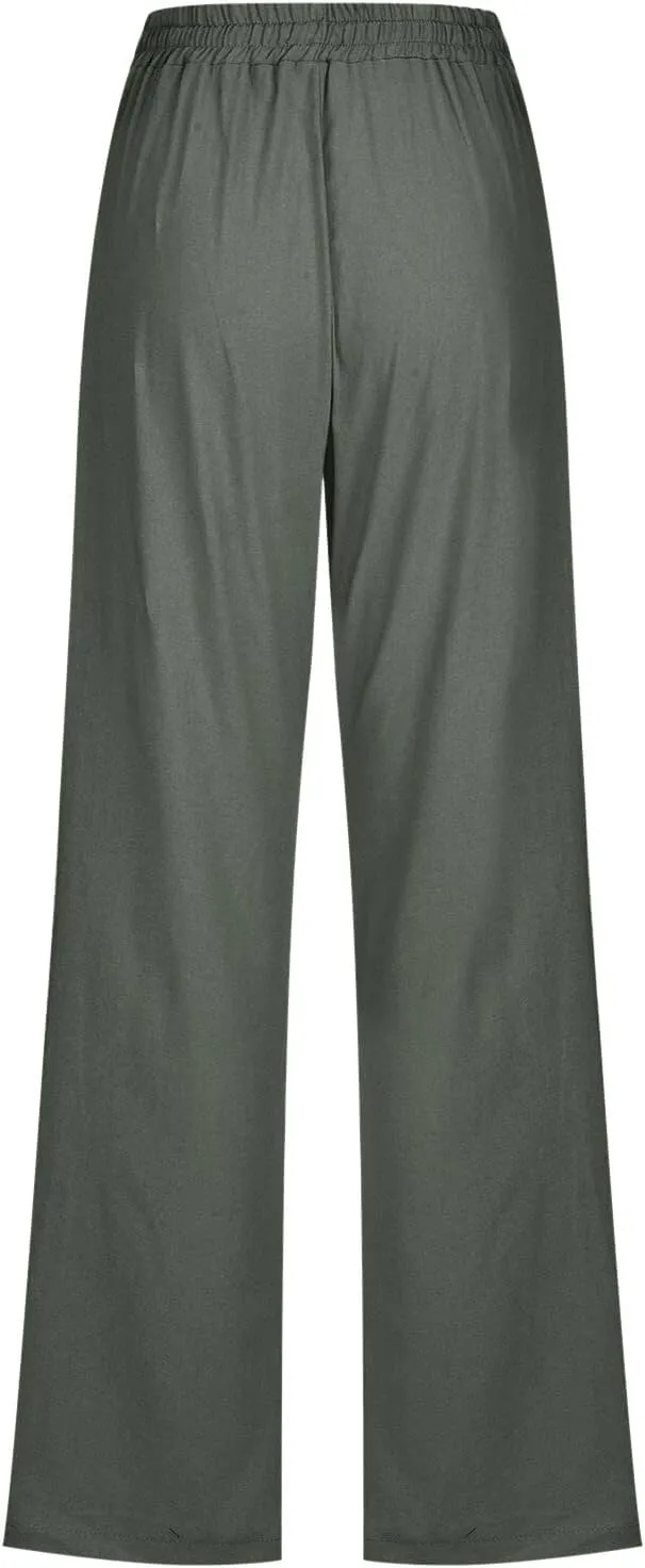 Womens Linen Summer Drawstring Palazzo Pants High Waist Bootcut Loose Fit Pant Trousers Work Business
