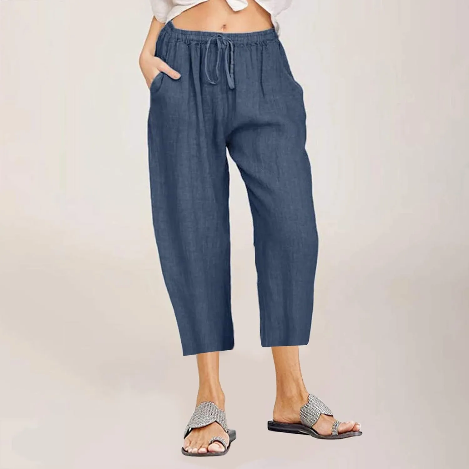 Womens Linen Summer Flowy Pants Elastic Waisted Ankle Length Plus Size Trouser Travel