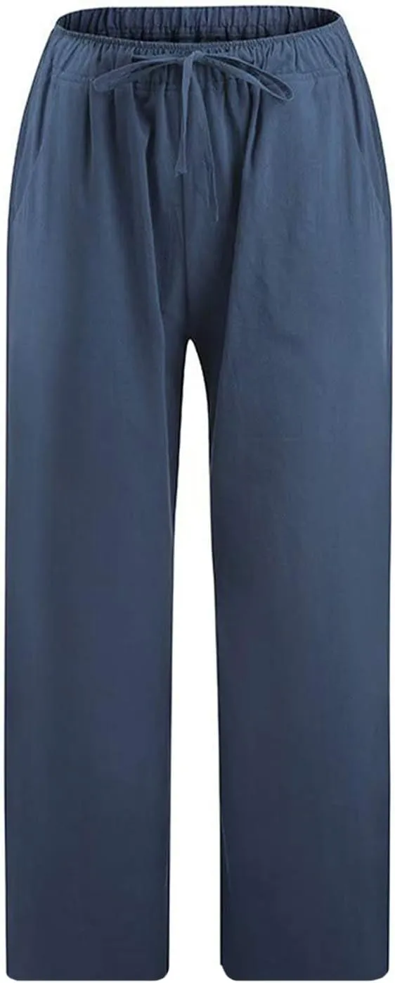 Womens Linen Summer Flowy Pants Elastic Waisted Ankle Length Plus Size Trouser Travel