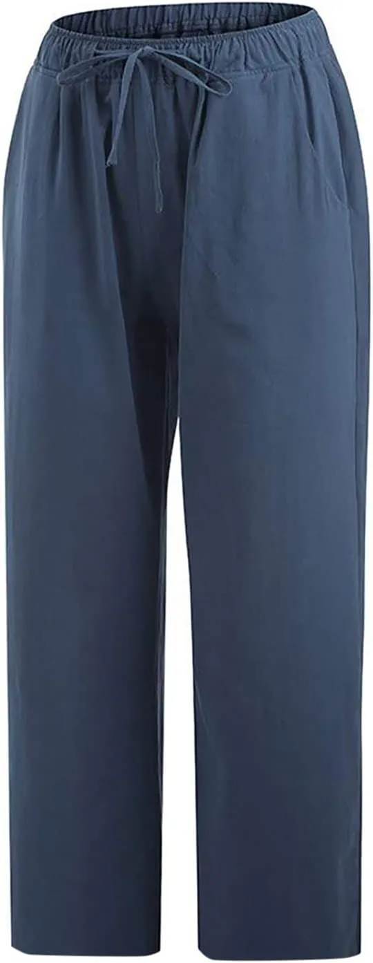 Womens Linen Summer Flowy Pants Elastic Waisted Ankle Length Plus Size Trouser Travel