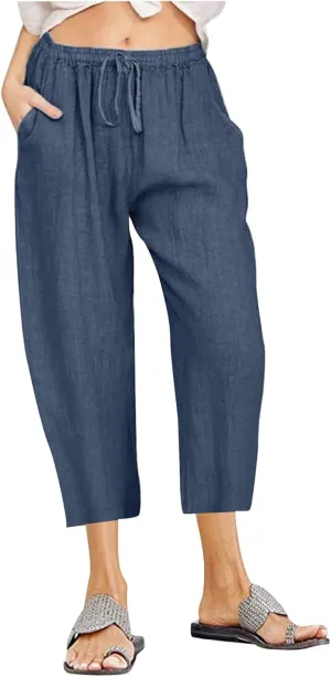Womens Linen Summer Flowy Pants Elastic Waisted Ankle Length Plus Size Trouser Travel