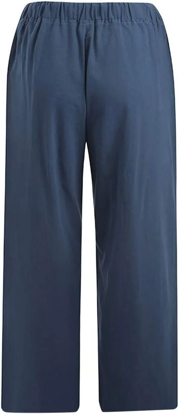 Womens Linen Summer Flowy Pants Elastic Waisted Ankle Length Plus Size Trouser Travel