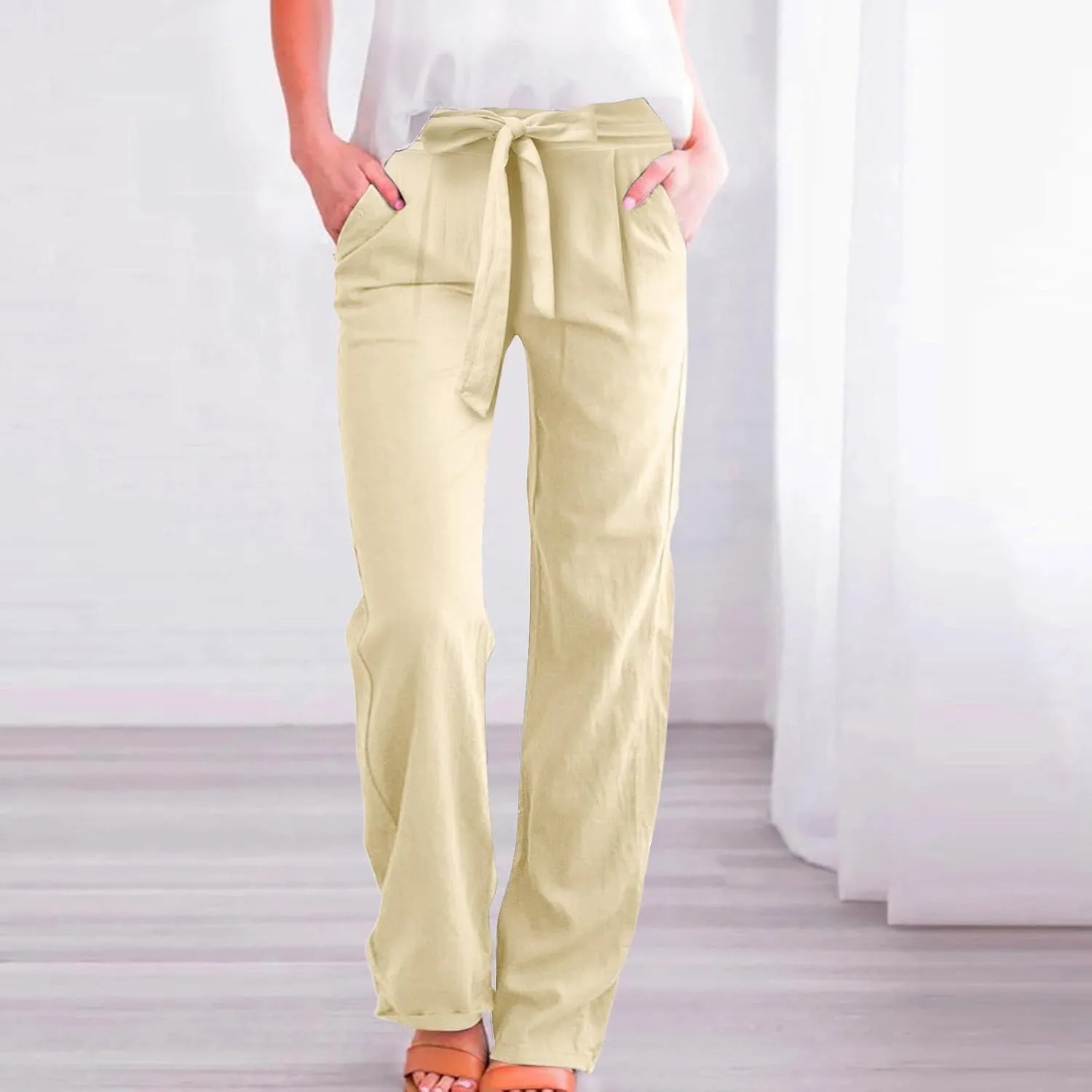 Women's Linen Summer Loose Pants Elastic Waist Long Lounge Slim-Fit Trouser Business Work