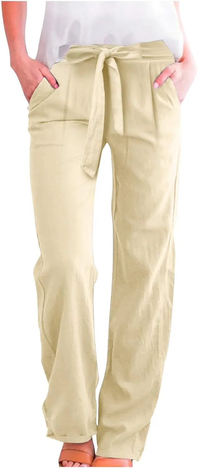 Women's Linen Summer Loose Pants Elastic Waist Long Lounge Slim-Fit Trouser Business Work