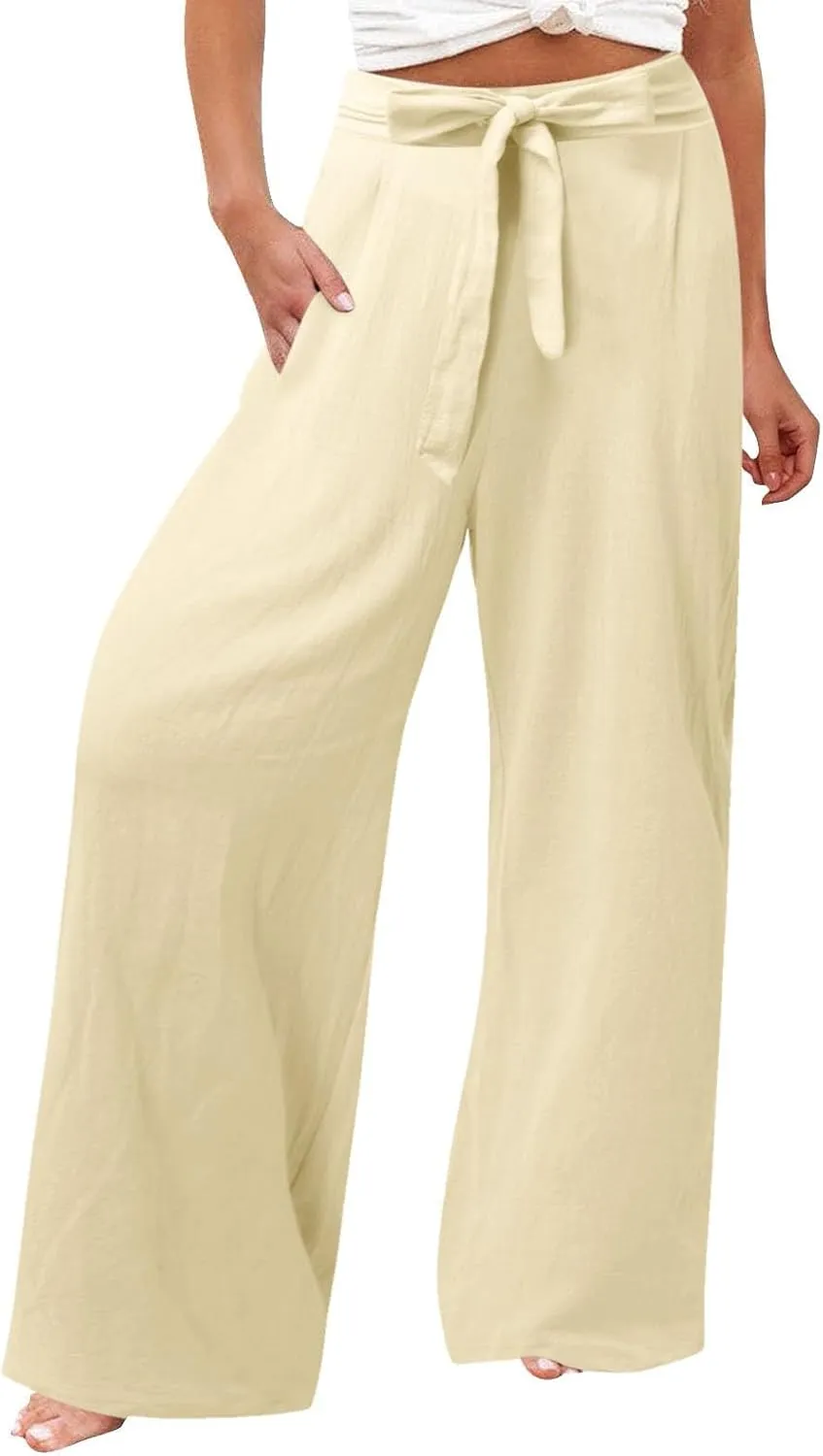 Women's Linen Summer Loose Pants Elastic Waist Long Lounge Slim-Fit Trouser Business Work