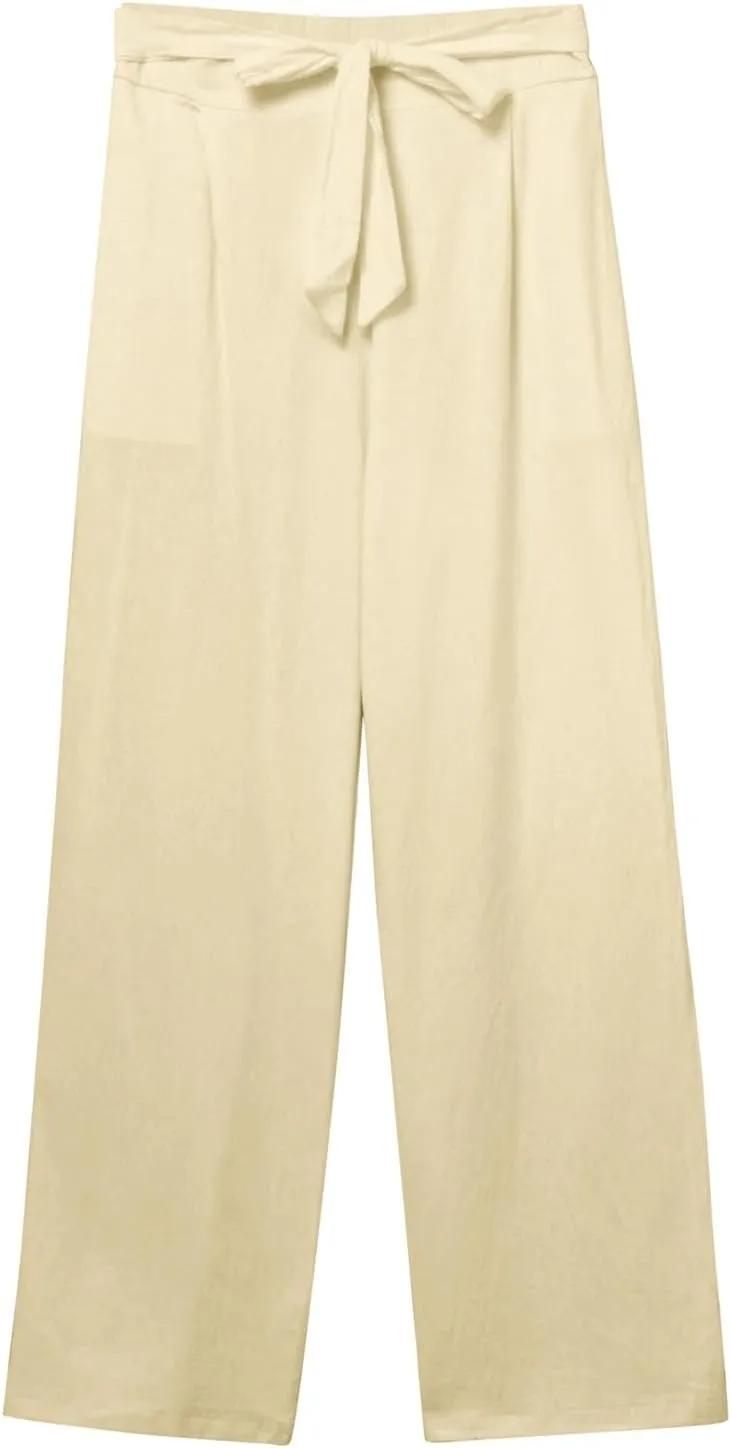Women's Linen Summer Loose Pants Elastic Waist Long Lounge Slim-Fit Trouser Business Work