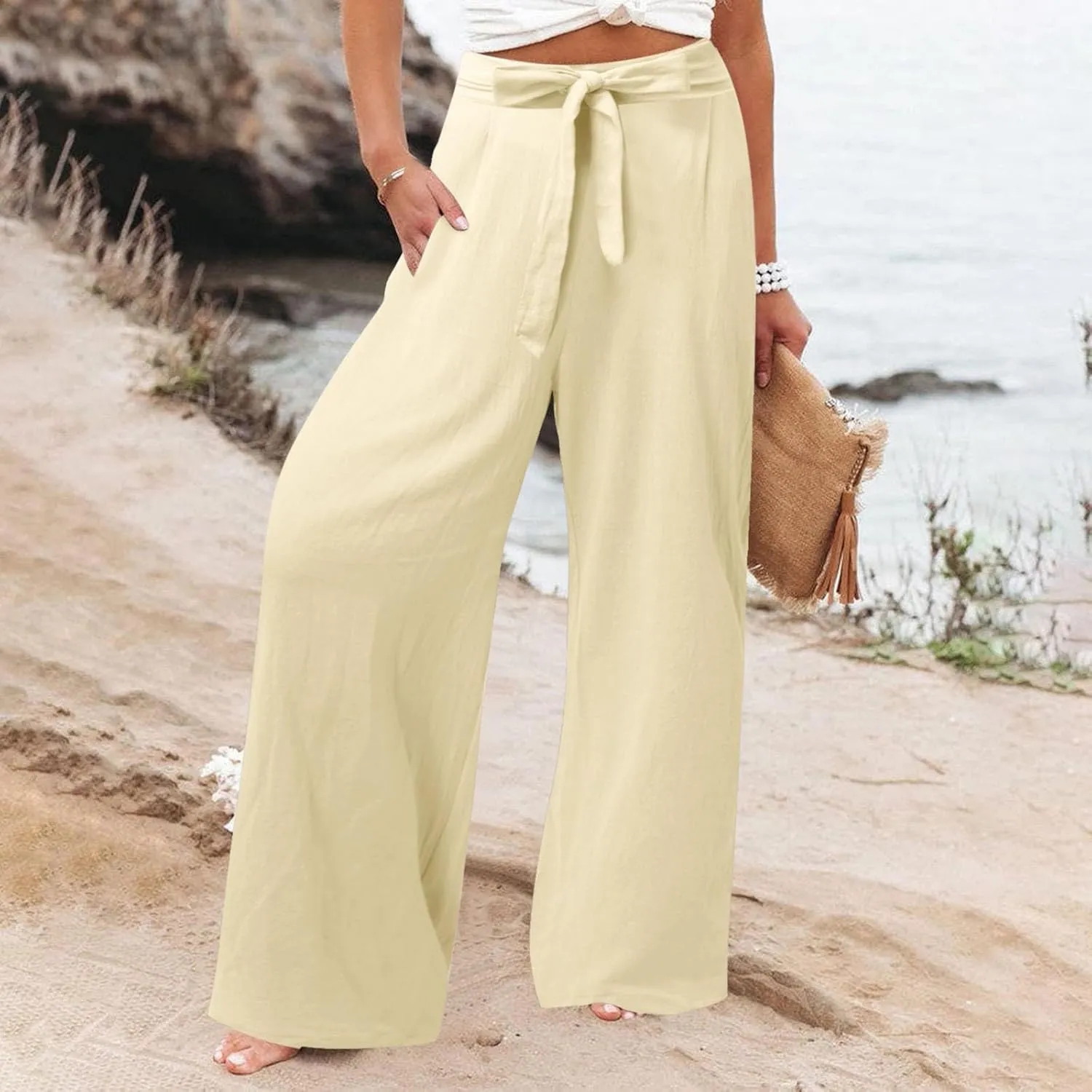 Women's Linen Summer Loose Pants Elastic Waist Long Lounge Slim-Fit Trouser Business Work
