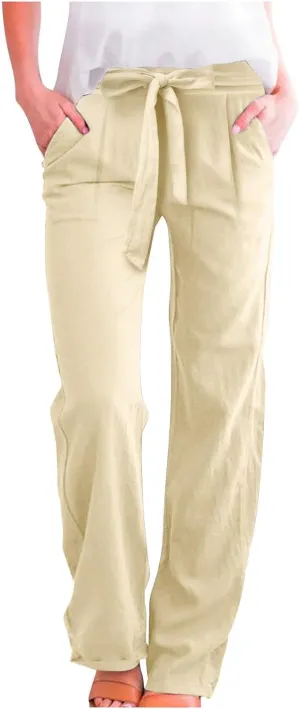 Women's Linen Summer Loose Pants Elastic Waist Long Lounge Slim-Fit Trouser Business Work