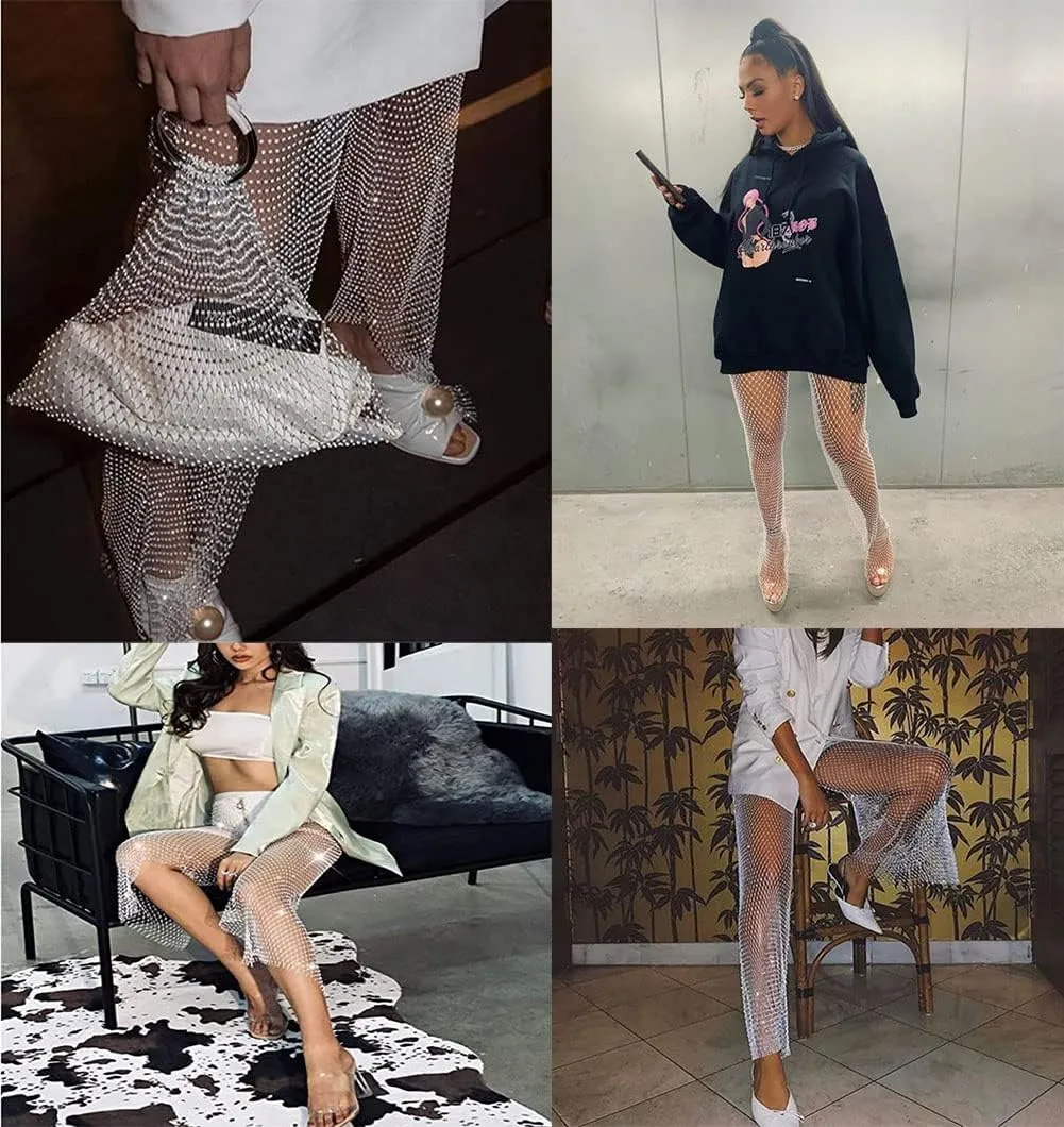 Women's Mesh Rhinestone Pants See Through Fishnet Leggings Hollow Out Bikini Swimsuit Cover Up Trousers Bottoms