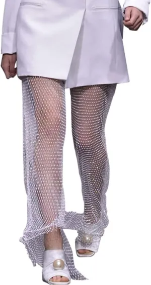 Women's Mesh Rhinestone Pants See Through Fishnet Leggings Hollow Out Bikini Swimsuit Cover Up Trousers Bottoms