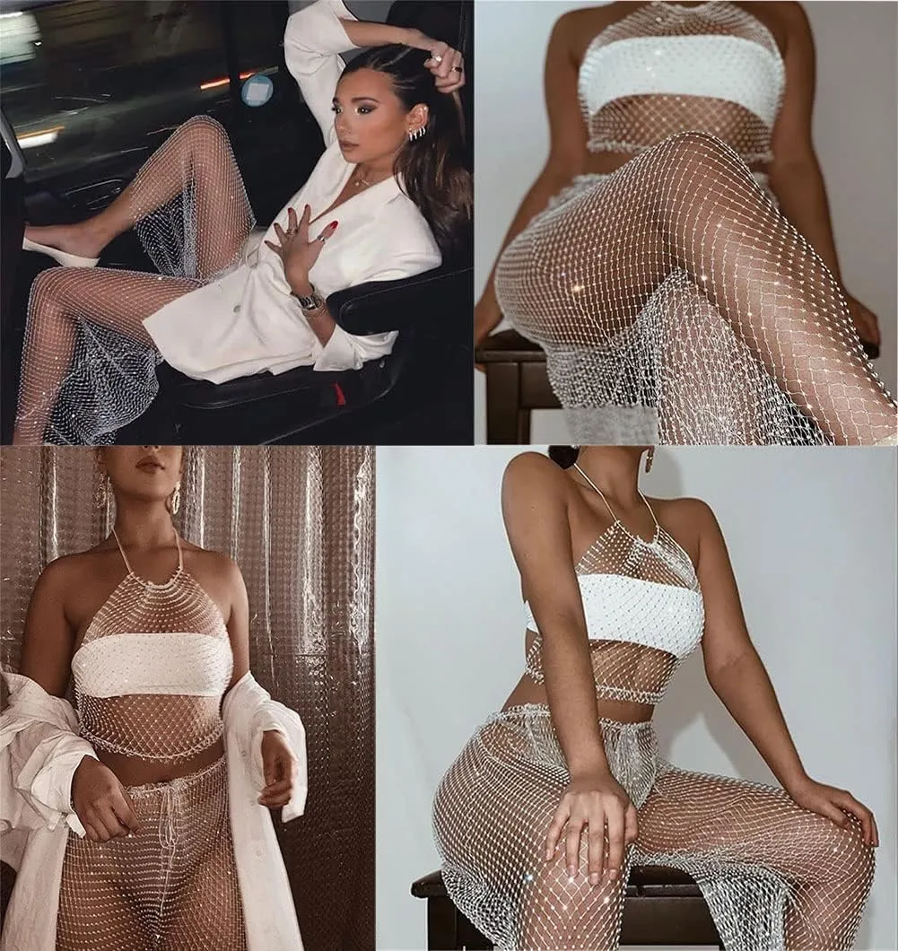 Women's Mesh Rhinestone Pants See Through Fishnet Leggings Hollow Out Bikini Swimsuit Cover Up Trousers Bottoms