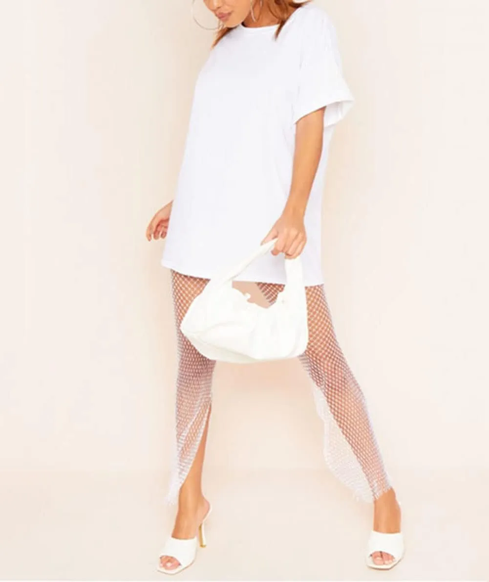 Women's Mesh Rhinestone Pants See Through Fishnet Leggings Hollow Out Bikini Swimsuit Cover Up Trousers Bottoms