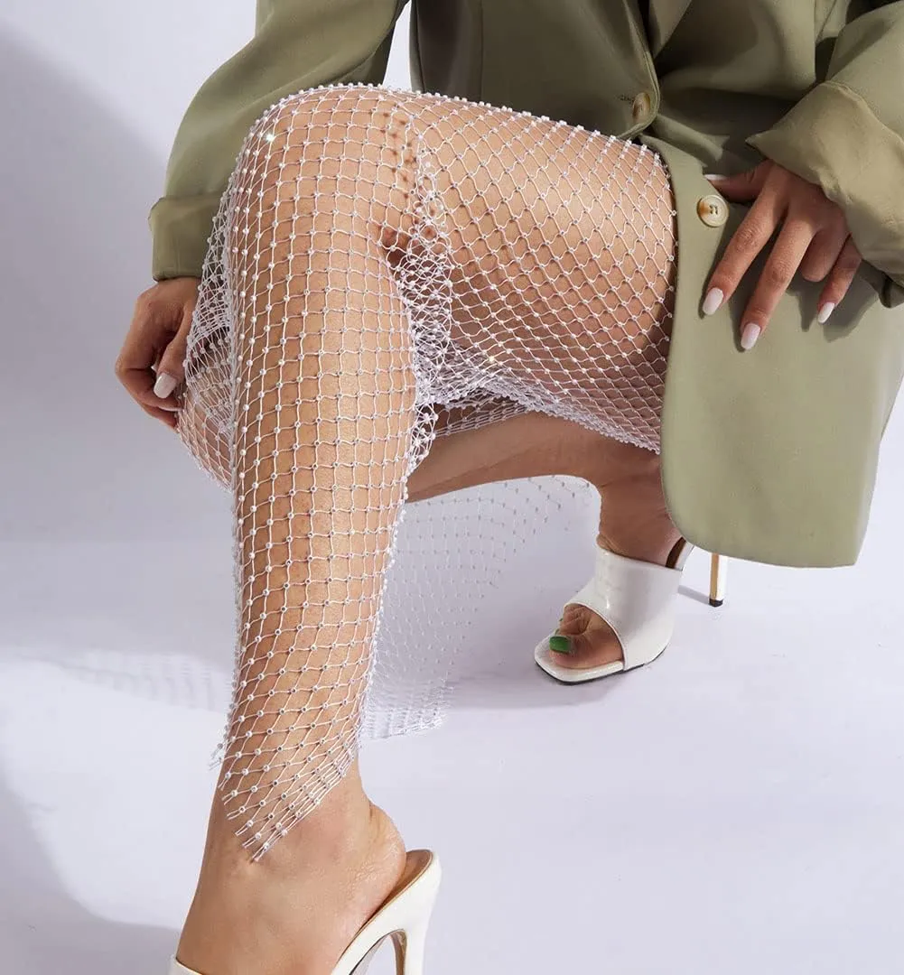 Women's Mesh Rhinestone Pants See Through Fishnet Leggings Hollow Out Bikini Swimsuit Cover Up Trousers Bottoms