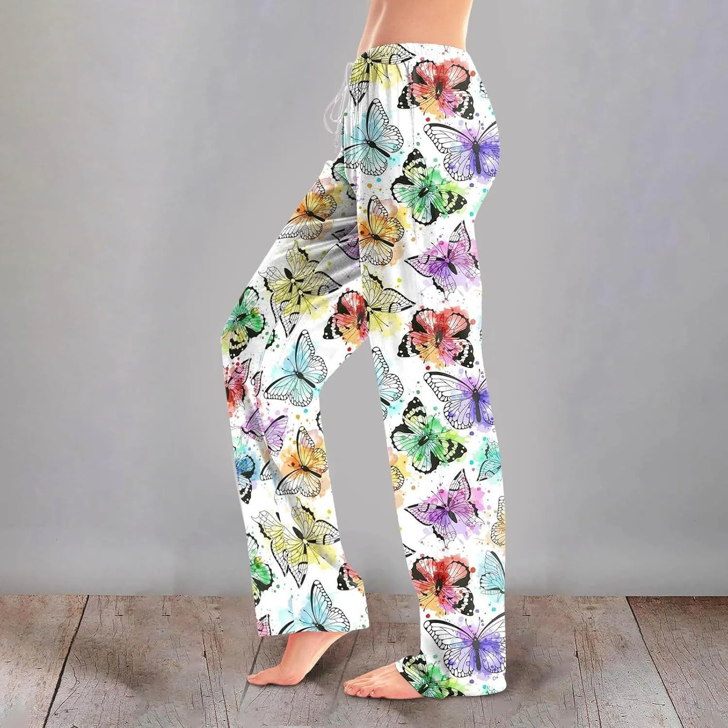 Womens Pajama Pants Butterfly Print High Waist Casual Palazzo Pants Drawstring Wide Leg Trousers with Pocket