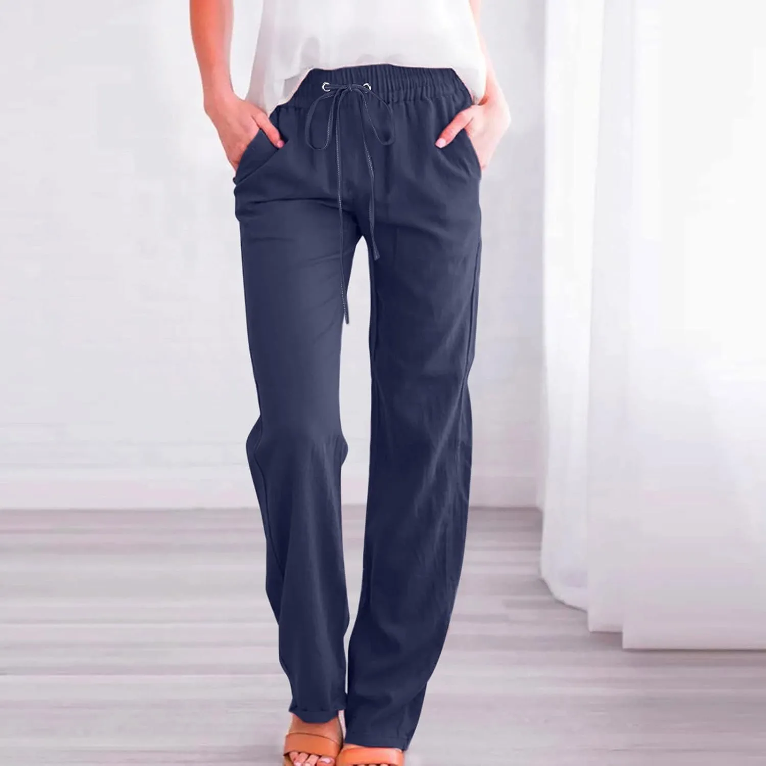 Womens Pants Dressy Casual 2024 Summer Drawstring Linen Pants Elastic Waist Trouser with Pockets Lounge Straight Pant