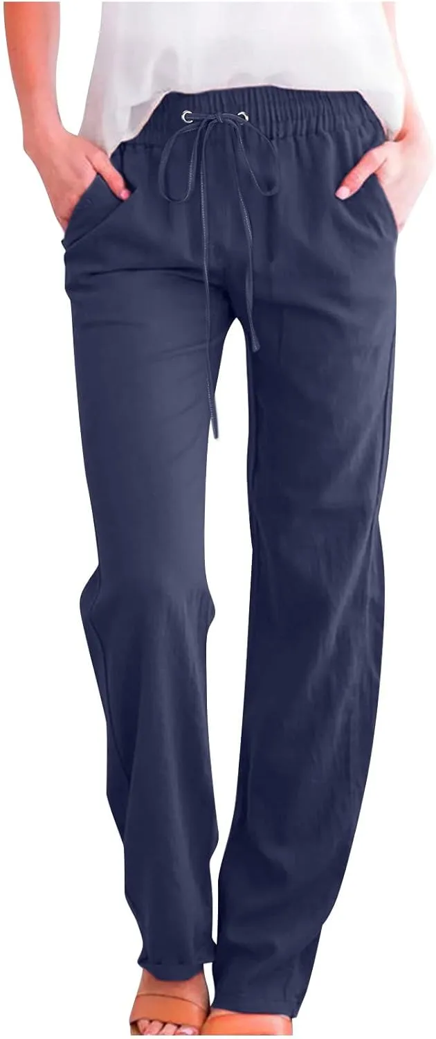 Womens Pants Dressy Casual 2024 Summer Drawstring Linen Pants Elastic Waist Trouser with Pockets Lounge Straight Pant