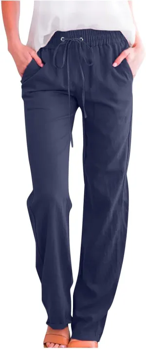 Womens Pants Dressy Casual 2024 Summer Drawstring Linen Pants Elastic Waist Trouser with Pockets Lounge Straight Pant