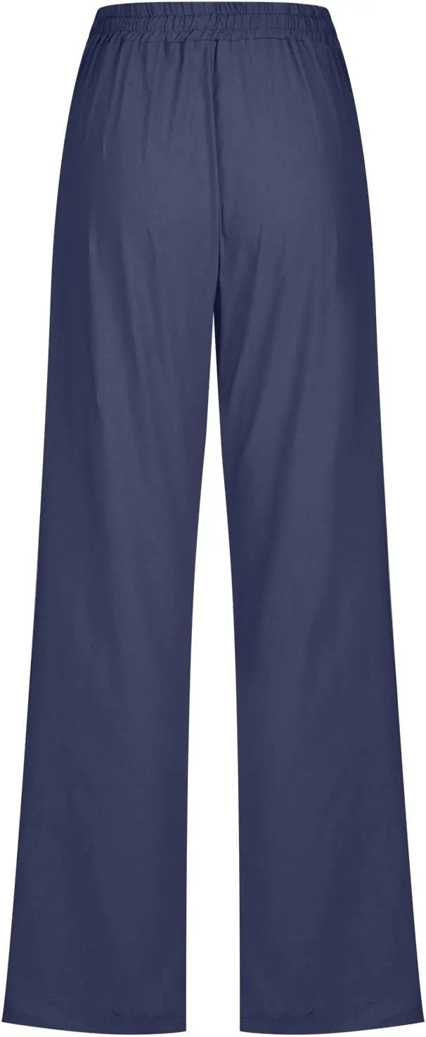 Womens Pants Dressy Casual 2024 Summer Drawstring Linen Pants Elastic Waist Trouser with Pockets Lounge Straight Pant