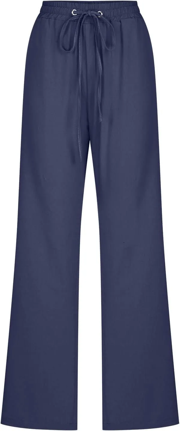 Womens Pants Dressy Casual 2024 Summer Drawstring Linen Pants Elastic Waist Trouser with Pockets Lounge Straight Pant
