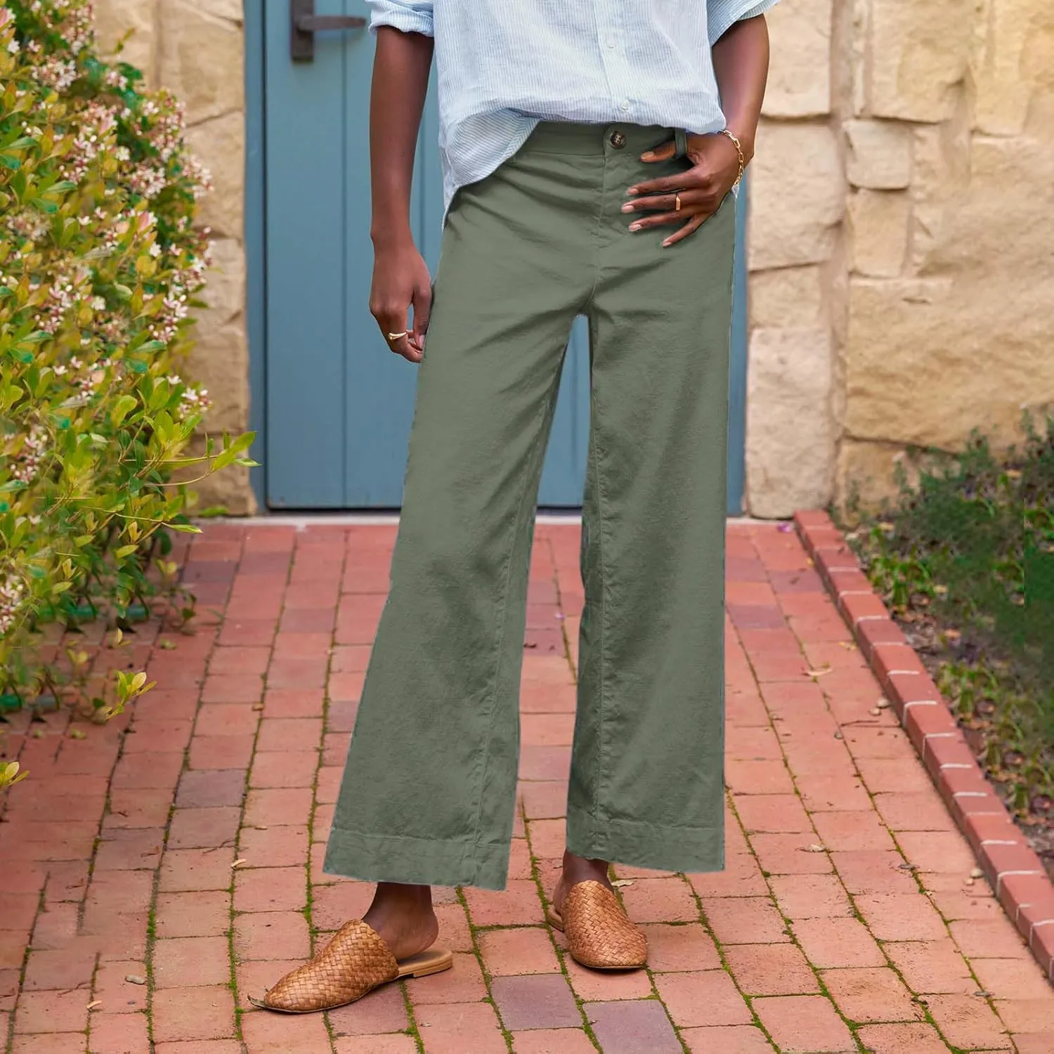 Womens Pants, Peasant Pants Casual Linen Plaid Straight Leg Side Button Drawstring