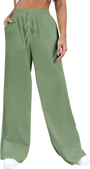 Women's Pants, Straight Leg Wide High Waisted Cotton Linen Pants Summmer Oversized