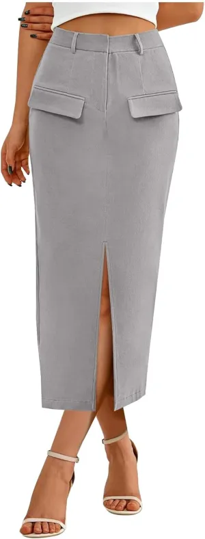 Women's Pencil Skirts Mid Long High Waist A line Midi Skirt Split Hem Skirts for Ladies Office Business Work Dress