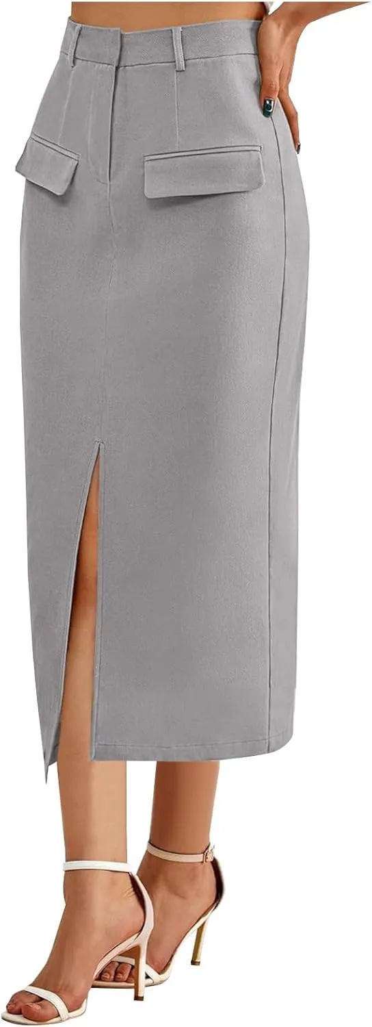 Women's Pencil Skirts Mid Long High Waist A line Midi Skirt Split Hem Skirts for Ladies Office Business Work Dress