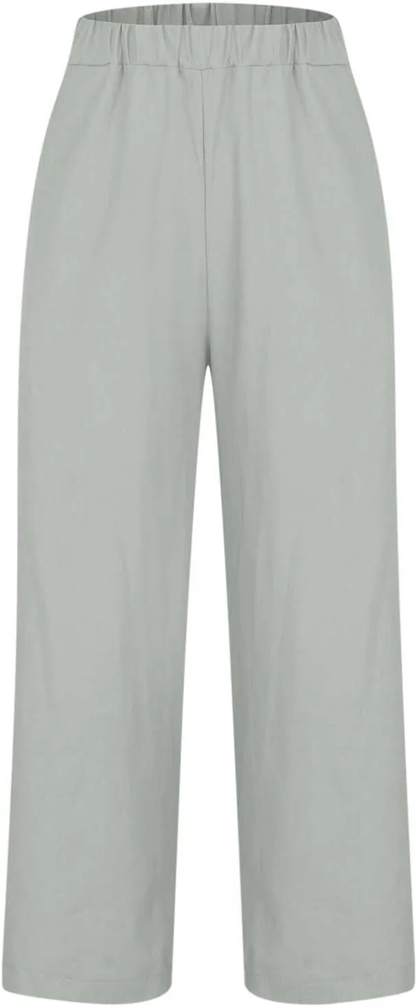 Womens Plus Size Cotton Linen Pants Elastic High Waist Summer Pants Casual Loose Fit Vacation Trousers with Pockets