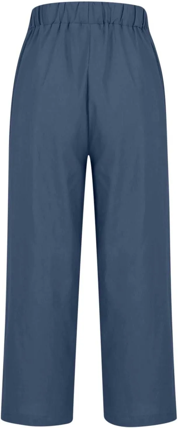 Womens Plus Size Cotton Linen Pants Elastic High Waist Summer Pants Casual Loose Fit Vacation Trousers with Pockets